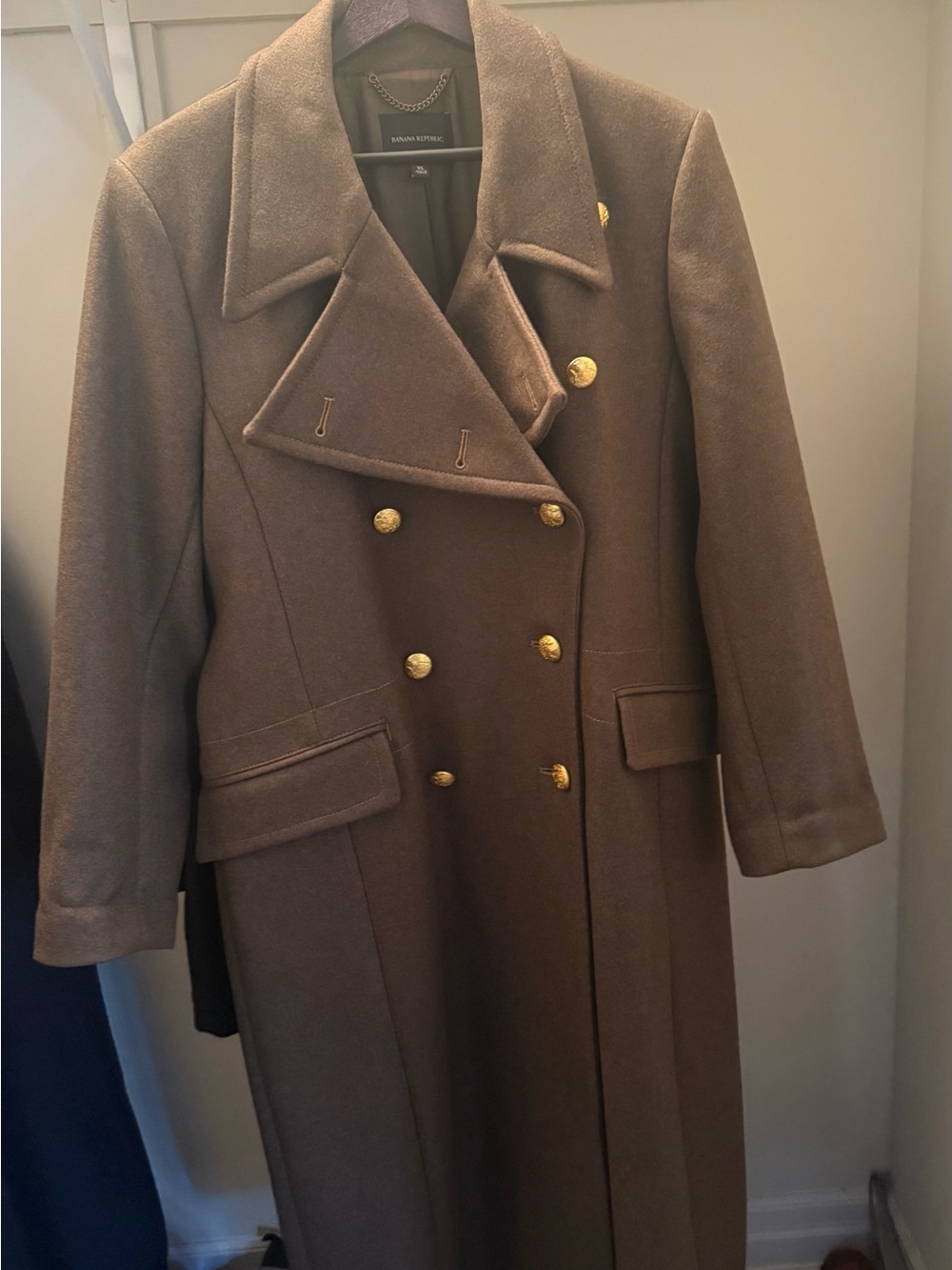 Banana Republic Long Double-Breasted Wool Pea Coat — greenish brown with Gold